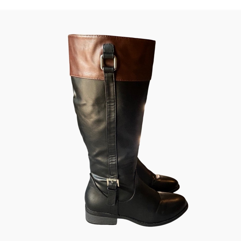 London Fog Womens Knee High Boots Black Brown‎ Buckle Accent Size 6.5 M
